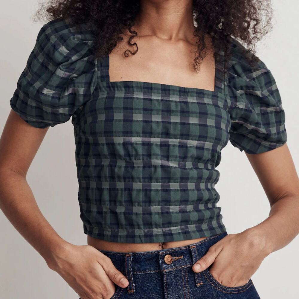 Madewell NEW Hopewell Plaid Puff Sleeve Smocked Crop Top Forest Womens Size XXS